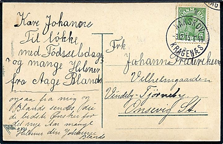5 øre Chr. X på brevkort annulleret med brotype IIIe bureaustempel Nakskov - Kragenæs T.46 til Vindeby-Tjørneby pr. Onsevig St. 