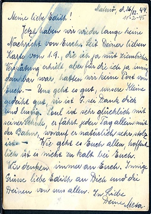 10 öre Gustaf helsagsbrevkort sendt underfrankeret fra Malmö d. 26.12.1944 til dansk jødisk indsat, Edith Fischer, i KZ-lejren Theresienstadt, via Ältestenrat der Juden i Prag. Tysk kemisk censur fra Berlin. Edith Fischer var lærer på den jødiske pigeskole i København og blev arresteret i oktober 1943.