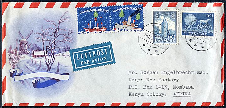 60 øre 1000 års udg. og 60 øre Nationalmuseet, samt  Julemærke 1957 i parstykke, på illustreret juleluftpost brev fra Køge d. 18.12.1957 til Mombasa, Kenya. God Afrika destination.