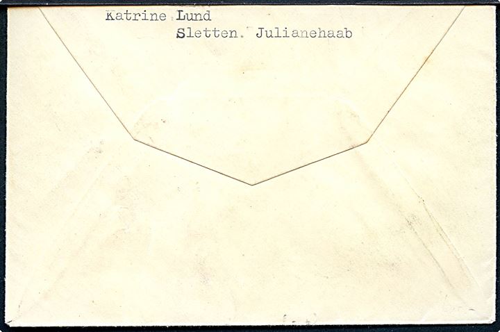 Ufrankeret indenrigsbrev fra Sletten stemplet Julianehaab d. 8.11.1946 til Kap Dan pr. Angmagssalik. Godt brev til Østgrønland. 