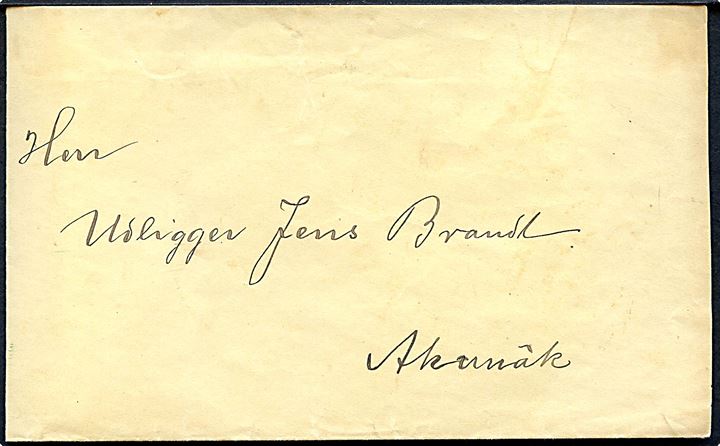 Ufrankeret indenrigsbrev med fuldt indhold fra Kolonien Egedesminde d. 13.10.1916 til Udligger Jens Brandt i udstedet Akunâk pr. Ritenbenk. Tidlig forsendelse. Fold.