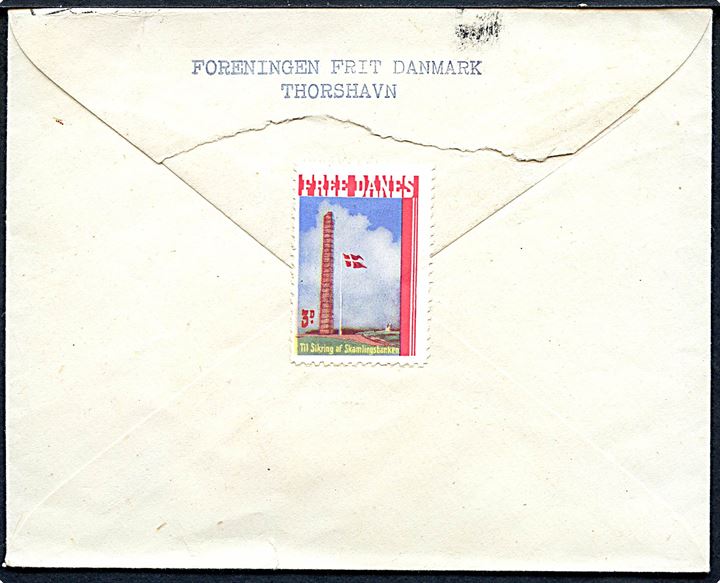 10 øre Chr. X på lokalbrev i Thorshavn d. 29.5.1944 til Politimesteren. På bagsiden stemplet: “Foreningen Frit Danmark, Thorshavn” med Free Danes mærkat. 