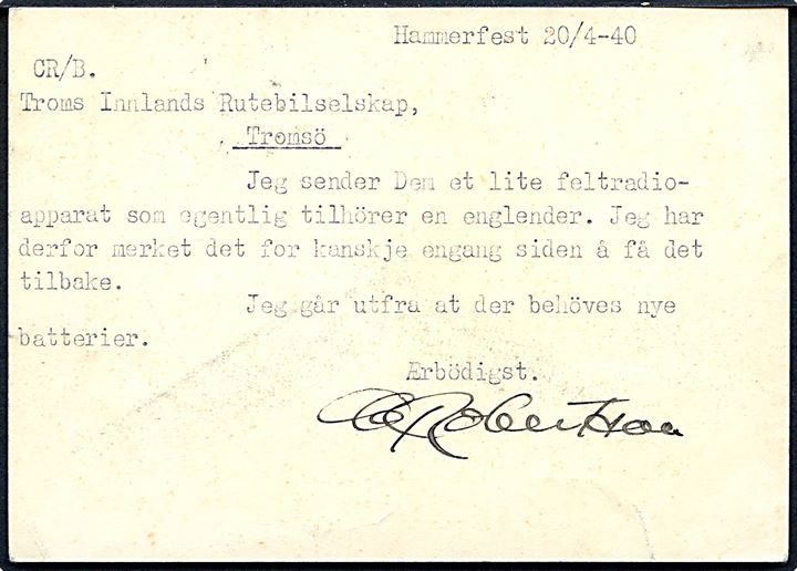 15 øre Løve helsagskort fra Hammerfest d. 20.4.1940 til Tromsø. Lokal censurstempel fra Hammerfest: Passert / Kontrollkontoret / M.P.K. H. 