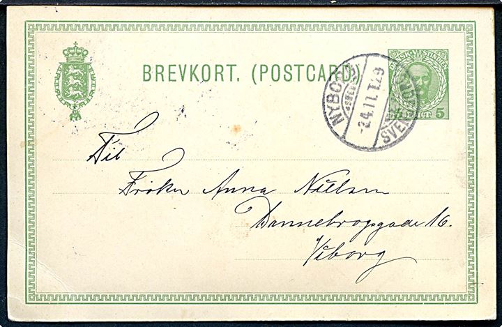 5 bit Fr. VIII helsagsbrevkort med påklæbet foto af badende negerbørn på St. Croix annulleret ved ankomst til Danmark med bureaustempel Nyborg - Svendborg T.29 d. 3.4.1911 til Viborg, Danmark. 