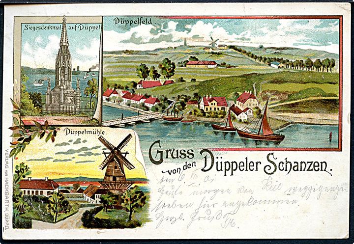 5 pfg. Germania på brevkort (Gruss von den Düppeler Schanzen) annulleret Wester Satrup *(Schleswig)* d. 6.8.1901 og sidestemplet Posthülfstelle DÜPPELBERG d. 6.8.1901 til Bremen.