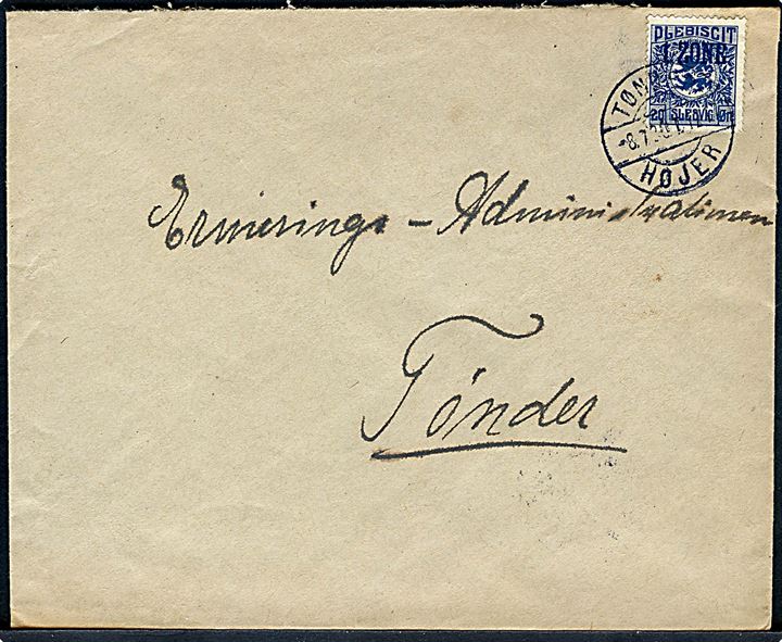 20 øre 1. Zone på brev annulleret med bureaustempel Tønder - Højer T.1217 d. 6.7.1920 til Tønder. 
