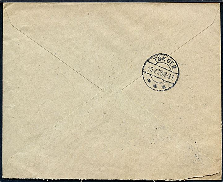 20 øre 1. Zone på brev annulleret med bureaustempel Tønder - Højer T.1217 d. 6.7.1920 til Tønder. 