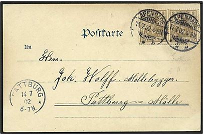 3 pfg. Germania i parstykke på brevkort fra Apenrade d. 14.7.1902 til Pattburg. Ank.stemplet Pattburg d. 14.7.1902.