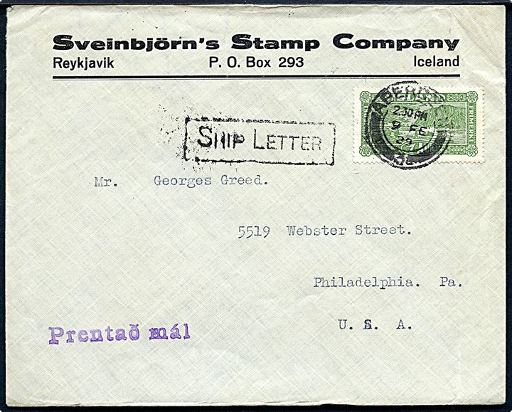 7 aur Landskab på tryksag fra Reykjavik annulleret med skotsk stempel i Aberdeen d. 9.2.1929 og sidestemplet “Ship Letter” til Philadelphia, USA. 