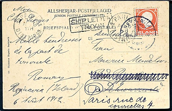 10 aur Fr. VIII på brevkort fra Reykjavik d. 6.8.1912 med transitstempel “Ship Letter Troon” til Bad Rippoldsau, Schwarzwald, Tyskland - eftersendt til Paris, Frankrig.