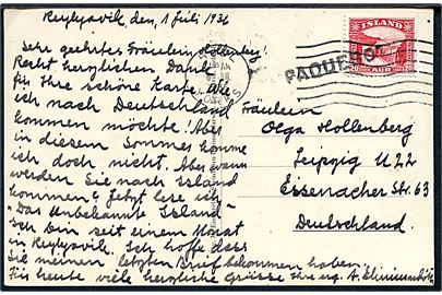 20 aur Gullfoss med automat-afskæring på brevkort fra Reykjavik d. 1.7.1934 annulleret med engelsk stempel i Hull d. 6.7.1934 og sidestemplet “Paquebot” til Leipzig, Tyskland.