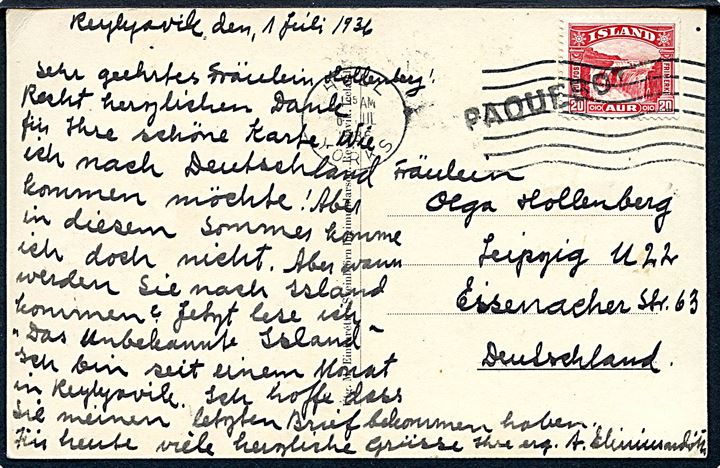 20 aur Gullfoss med automat-afskæring på brevkort fra Reykjavik d. 1.7.1934 annulleret med engelsk stempel i Hull d. 6.7.1934 og sidestemplet “Paquebot” til Leipzig, Tyskland.