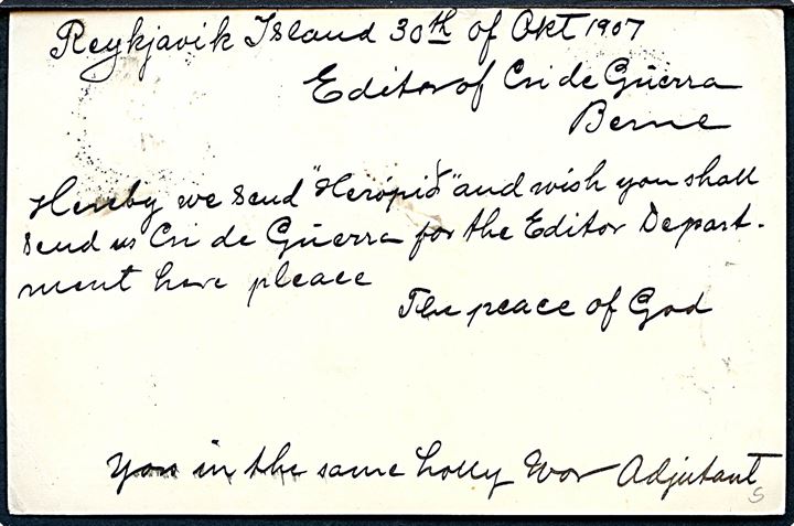 10 aur To Konger helsagsbrevkort fra Reykjavik d. 30.10.1907 annulleret med skotsk stempel i Edinburgh d. 3.11.1907 og sidestemplet “Paquebot” til Bern, Schweiz.