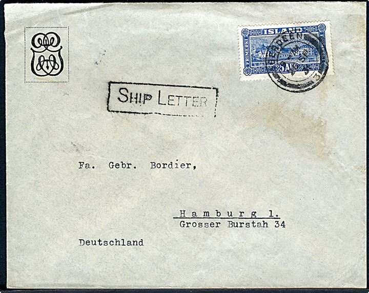 35 aur Landskab på skibsbrev fra Reykjavik annulleret med skotsk stempel i Aberdeen d. 26.9.1931 og side-stemplet “Ship Letter” til Hamburg, Tyskland.
