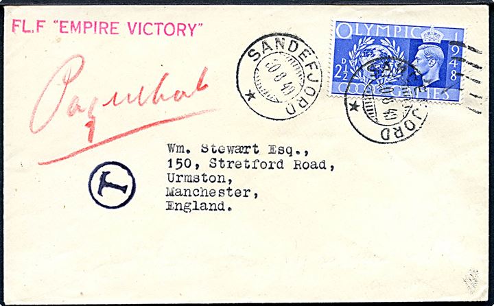 Engelsk 2½d Olympic 1948 på skibsbrev annulleret i Sandefjord d. 30.8.1949 og påskrevet “Paquebot” til Manchester, England. Fra britiske hvalkogeri med stempel: FL.F. “Empire Victory” (United Whalers Ltd, London).