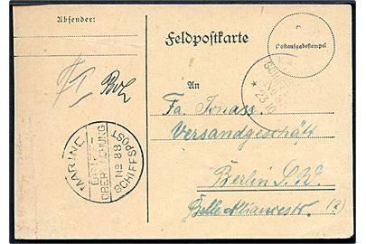 Ufrankeret fortrykt feltpostkort stemplet Kais. Deustche Marineschiffspost No. 88 d. 23.10.1916 til Berlin. Fra den internerede tyske hjælpekrydser SMH “Berlin” i Hommelvik. Sort skibscensur stempel. 