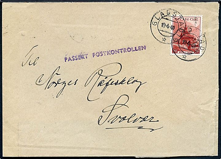 20 øre Turist udg. på brev fra Gladstad d. 19.4.1940 til Svolvær. Violet censurstempel: Passert Postkontrollen benyttet ved Kontrolkontor nr. 14 i Svolvær.