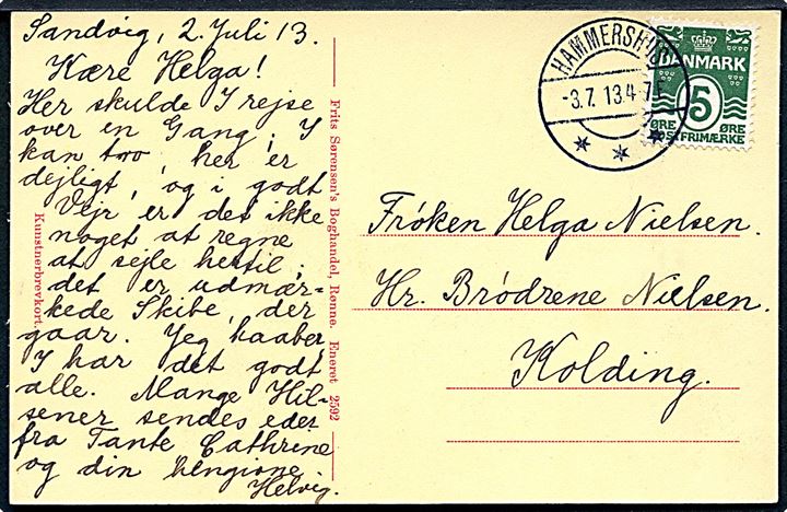 5 øre Bølgelinie på brevkort annulleret med brotype IIa Hammershus d. 3.7.1913 til Kolding. Hammershus var oprettet som sommerpostkontor i 1913 og ændrede navn i 1914 til Sandvig. Meget flot stempelaftryk.
