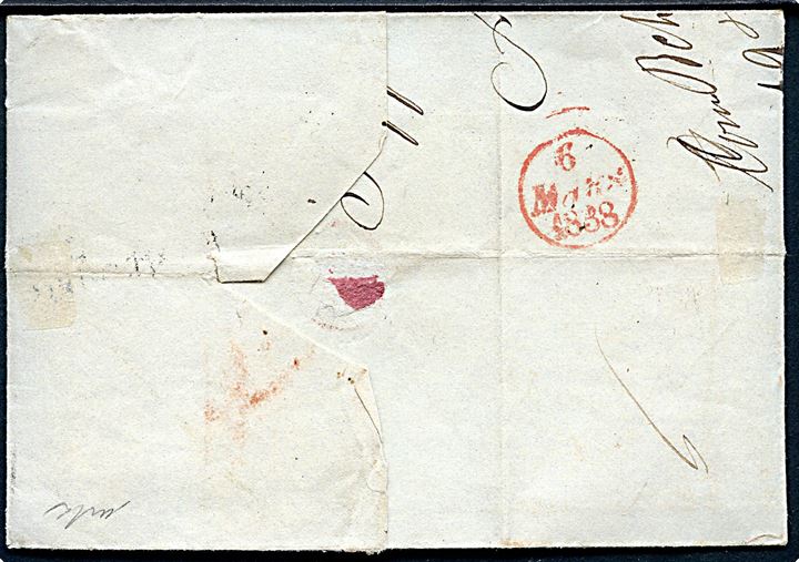 1838. Portobrev med antiqua Kiøbenhavn d. 23.2.1838 til Basel, Schweiz. Liniestempel: DANEMARCK PAR HAMBOURG og ankomst stemplet d. 6.3.1838. 