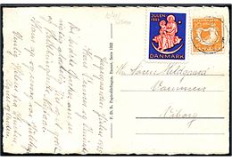 10 øre H. C. Andersen og Julemærke 1933 på julekort annulleret med svagt udslebet stjernestempel RØDDING til Viborg. Meget vanskeligt stempel. Skilling 2500,-