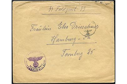 SS-feldpostbrev stemplet Feldpost d. 17.11.1942 til Hamburg. Fra SS-Rottführer ved feldpost nr. 48499A = Ersatz-Kompanie SS-Freikorps Danmark. Med violet Briefstempel fra Feldpost no. 43751 = SS-Nachschub-Kommandantur Bobruisk. Taperest på bagsiden.