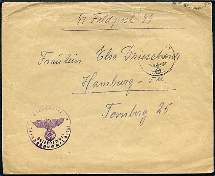 SS-feldpostbrev stemplet Feldpost d. 17.11.1942 til Hamburg. Fra SS-Rottführer ved feldpost nr. 48499A = Ersatz-Kompanie SS-Freikorps Danmark. Med violet Briefstempel fra Feldpost no. 43751 = SS-Nachschub-Kommandantur Bobruisk. Taperest på bagsiden.