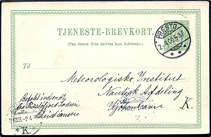 5 øre Tjenestebrevkort påskrevet “Befalet indsendt” fra Præstø d. 2.4.1909 til Meteorologisk Institut. Kortet dateret Præstøfjord Lodseri, Næbet d. 1.4.1909.