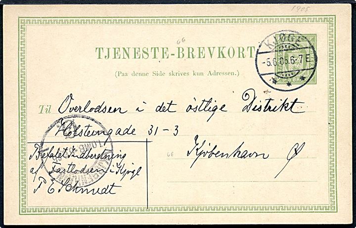 5 øre Tjenestebrevkort påskrevet “Befalet Indberetning” fra Kjøge d. 5.6.1905 til Overlodsen i København. Sendt fra Kjøge Lodseri.