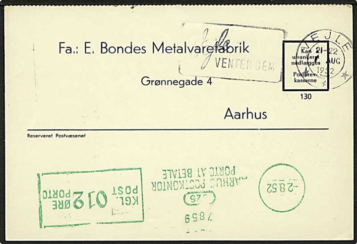 Ufrankeret svarbrevkort fra Vejle d. 7.8.1952 til Aarhus. 12 øre grønt porto-maskinstempel fra Aarhus d. 2.8.1952.