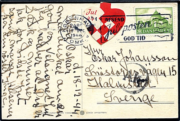 15 øre Landsbykirke og “Jul 44” mærke på brevkort fra København d. 18.12.1944 til Halmstad, Sverige. Passér stemplet “Ak” ved censuren i Sønderborg.