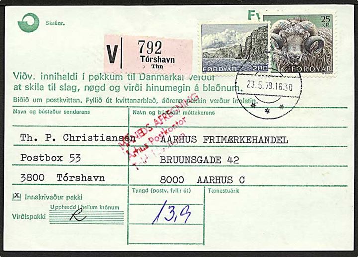 200 øre Landskab og 25 kr. Vædder på adressekort for værdipakke fra Tórshavn d. 23.5.1979 til Aarhus, Danmark.