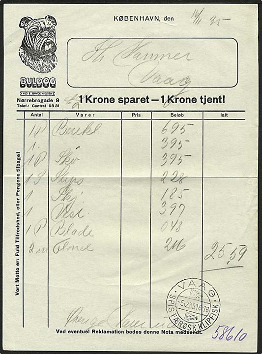 Regning med fortrykt Bulldog fra København d. 16.11.1935 til Vaag på Færøerne. Stemplet Vaag klipfiskstempel d. 5.12.1935.