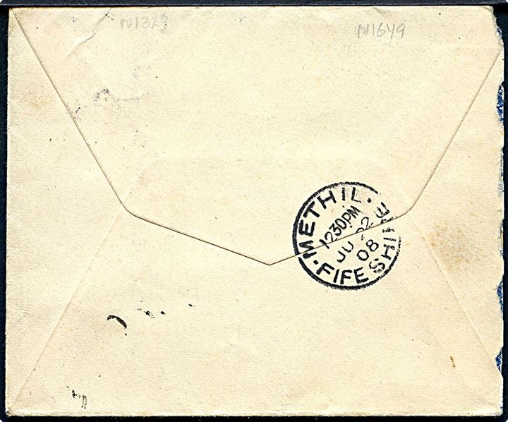 5 aur To Konger (4) på brev fra Reykjavik d. 15.6.1908 via Methil Fifeshire d. 22.6.1908 og britisk skibsstempel “Paquebot” til Aalesund, Norge. Afkortet i venstre side.