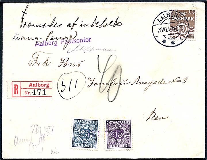 10 øre Bølgelinie på lokalbrev i Aalborg d. 28.10.1937 påskrevet “Formodes at indeholde uang. Penge” og fremsendt anbefalet med 15 øre og 25 øre Portomærke annulleret med kontorstempel: 28 OKT. 1937.