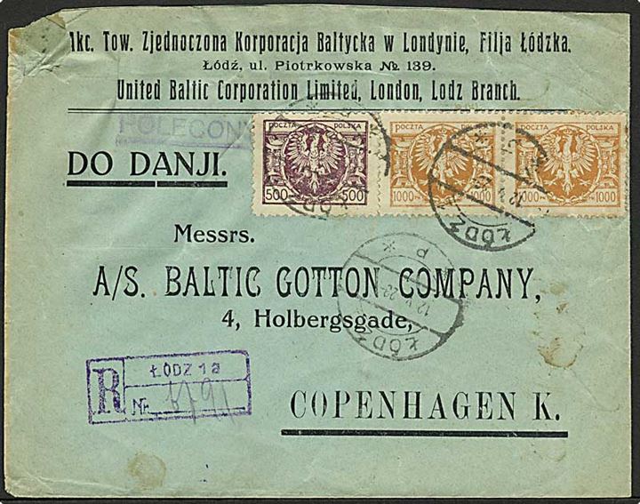 500 mk. og 1000 mk. (par) Adler på anbefalet infla. brev fra Lodz d. 12.5.1923 til København, Danmark.