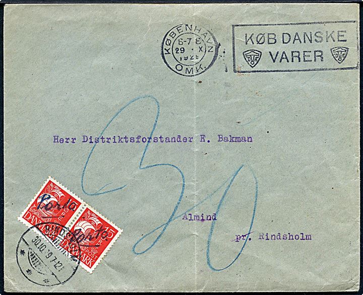 Ufrankeret brev fra København d. 29.10.1929 til Almind pr. Rindsholm. Udtakseret i porto med 15 øre Karavel i parstykke påskrevet “Porto” og annulleret brotype Ia Rindsholm d. 30.10.1929. Lodret fold.