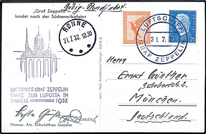 Tysk 25 pfg. Hindenburg og 50 pfg. Luftpost på brevkort (Luftskib Graf Zeppelin) annulleret med bordstempel Luftschiff Graf Zeppelin d. 31.7.1932 og nedkastet i Rønne d. 31.7.1932 til München. Stort flyvningsstempel: “Luftschiff Graf Zeppelin Fahrt zur Laposta in Danzig 1932”. 