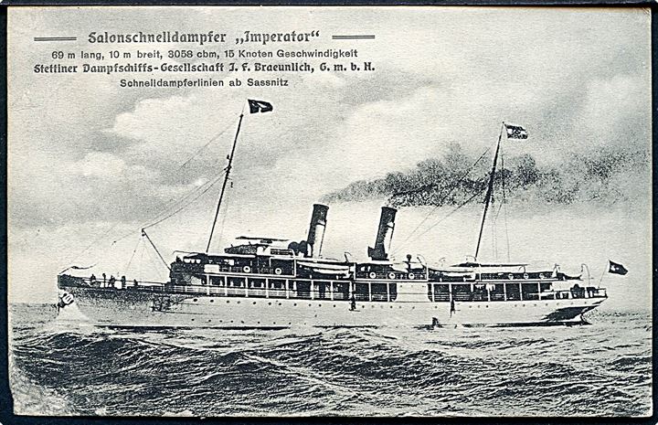 1 øre, 2 øre, 3 øre og 4 øre Bølgelinie brevkort (Dampfer “Imperator”) annulleret i Allinge d. 4.7.1912 med privat skibsstempel “Salon-Schnell-Dampfer Imperator Auf hoher See” d. 2.7.1912 til Berlin, Tyskland.