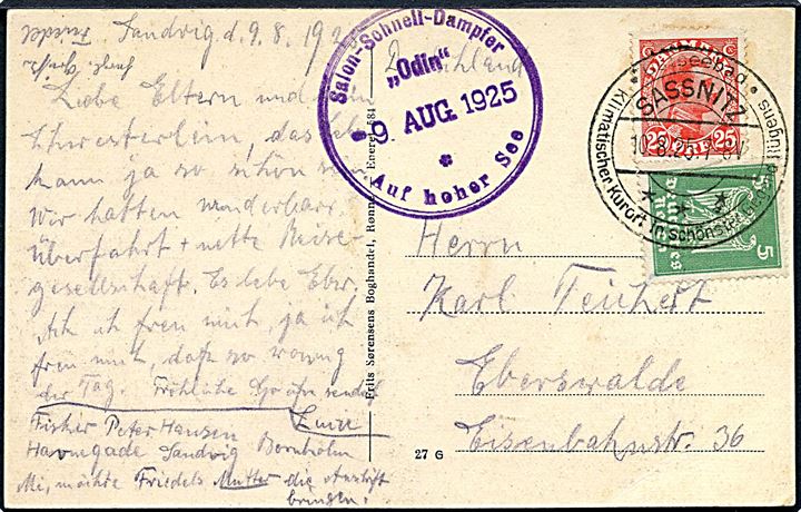 25 øre Chr. X og tysk 5 pfg. Adler på blandingsfrankeret brevkort fra Sandvig annulleret Sassnitz d. 10.8.1925 og sidestemplet “Salon-Schnell-Dampfer “Odin” Auf hoher See” d. 9.8.1925 til Eberswalde, Tyskland.