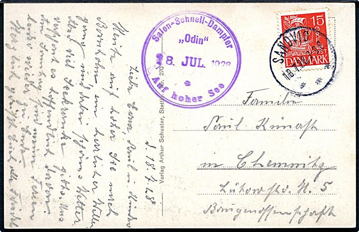 15 øre Karavel på brevkort (S/S “Odin”) fra Sandvig d. 18.7.1928 og sidestemplet “Salon-Schnell-Dampfer “Odin” Auf hoher See” d. 18.7.1928 til Chemnitz, Tyskland.