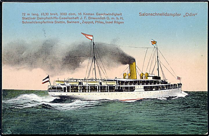 15 øre Karavel på brevkort (S/S “Odin”) fra Sandvig d. 18.7.1928 og sidestemplet “Salon-Schnell-Dampfer “Odin” Auf hoher See” d. 18.7.1928 til Chemnitz, Tyskland.
