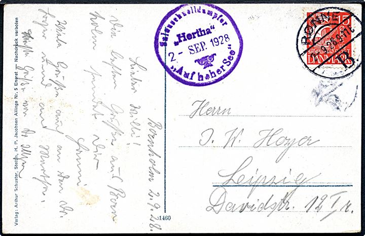 15 øre Karavel på brevkort fra Rønne B. d. 2.9.1928 og sidestemplet “Salon-Schnell-Dampfer “Hertha” Auf hoher See” d. 2.9.1928 til Leipzig, Tyskland.