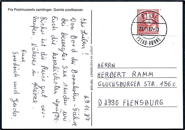 2,80 kr. Margrethe på brevkort skrevet ombord på færge og annulleret Rønne / Ystad-Rønne d. 23.11.1987 til Flensburg, Tyskland. God brugsforsendelse.