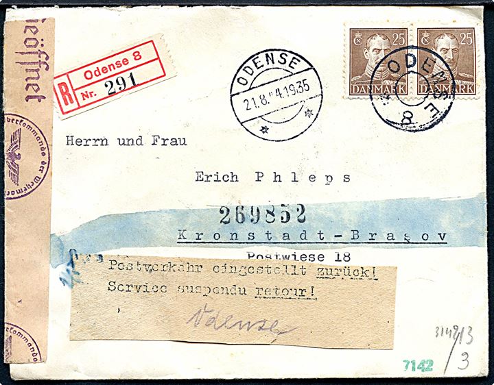 25 øre Chr. X i parstykke på anbefalet brev annulleret med udslebet stjernestempel ODENSE 8 og sidestemplet Odense d. 21.8.1944 til Kronstadt-Brasov, Rumænien. Åbnet af tysk censur i Wien med indlagt meddelelse vedr. Postforbindelse indstillet. 