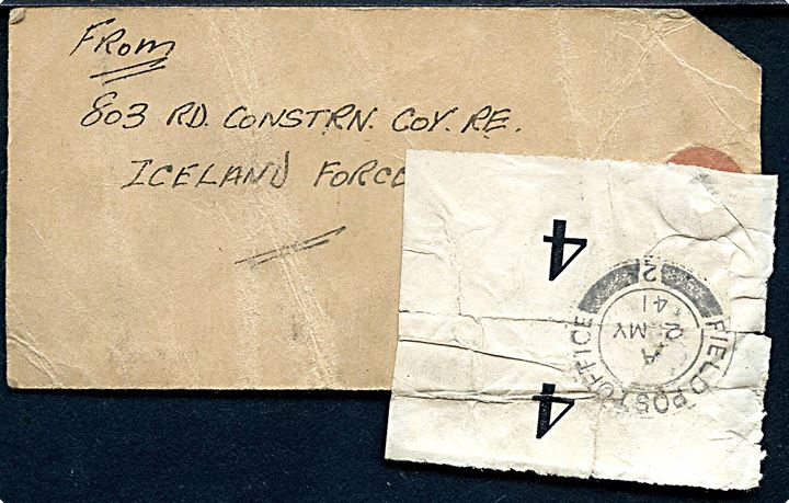1 sh. George VI (2) på O.H.M.S. manila-mærke fra 803 Rd. Constrn. Coy. RE, Iceland Force (C) annulleret med stumt stempel og reg-nr. stemplet Field Post Office 2 (= Artun, Reykjavik) d. 2.5.1941 til Avlesbury, England. Lidt medtaget, men usædvanligt objekt.
