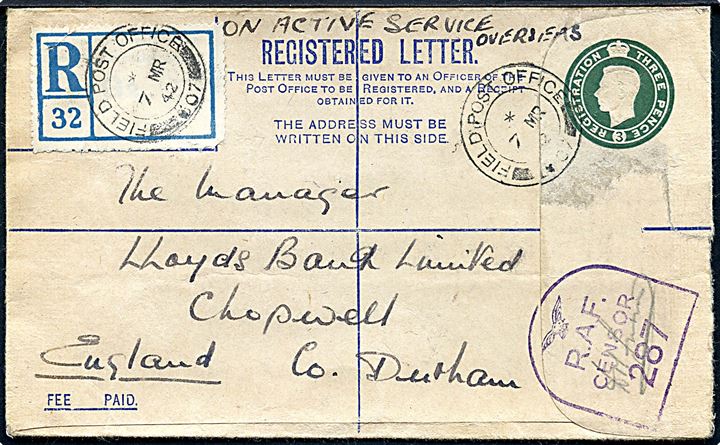 3d George VI anbefalet helsagskuvert påskrevet On Active Service Overseas stemplet Field Post Office 307 (= Reykjavik) d. 7.3.1942 til Chopwell, England. Violet RAF censor no. 287. 