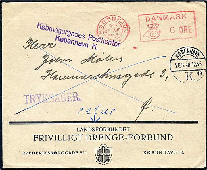 6 øre Posthusfranko på kuvert fra Landsforbundet Frivilligt Drenge-Forbund sendt som lokal tryksag i København d. 27.8.1948. Retur med violet stempel: Købmagergades Postkontor / København K.