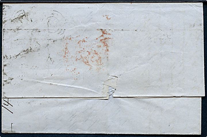 2 sk. og 8 sk. Tofarvet på brev annulleret m. kombineret nr.-stempel “34”/Kiøbenhavn J.P. d. 4.2.1873 til London, England. Rødt ank.stempel London W. Paid d. 7.2.1873.