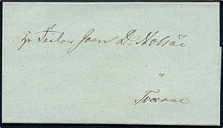 1848. Foldebrev med fuldt indhold dateret Thorshavn d. 25.4.1848 til Factor Joen D. Nolsoe i Tveraa. På bagsiden sort laksegl “N”. 