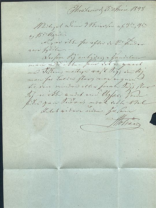 1848. Foldebrev med fuldt indhold dateret Thorshavn d. 25.4.1848 til Factor Joen D. Nolsoe i Tveraa. På bagsiden sort laksegl “N”. 